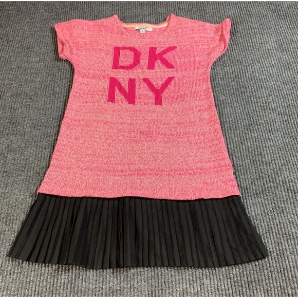 Dkny Other - DKNY Sweater Dress Girls Medium Pink Short Sleeve Spell Out Cotton Blend Flare